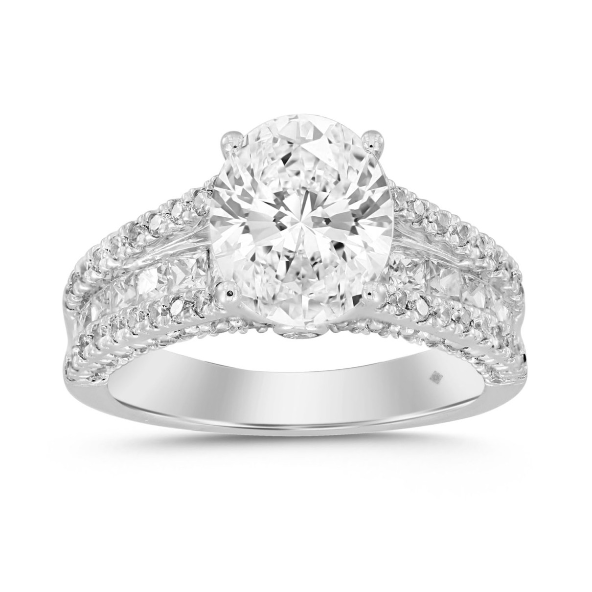 LADIES RING 3 1/2CT ROUND/PRINCESS/OVAL DIAMOND 14K WHITE GOLD (CENTER STONE OVAL DIAMOND 2CT )