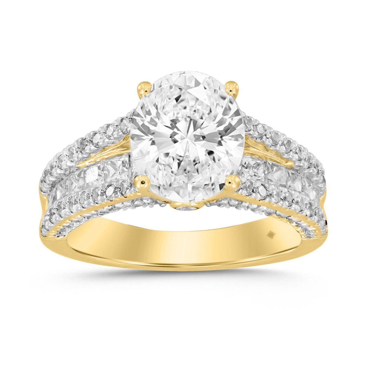 LADIES RING 3 1/2CT ROUND/PRINCESS/OVAL DIAMOND 14K YELLOW GOLD (CENTER STONE OVAL DIAMOND 2CT )