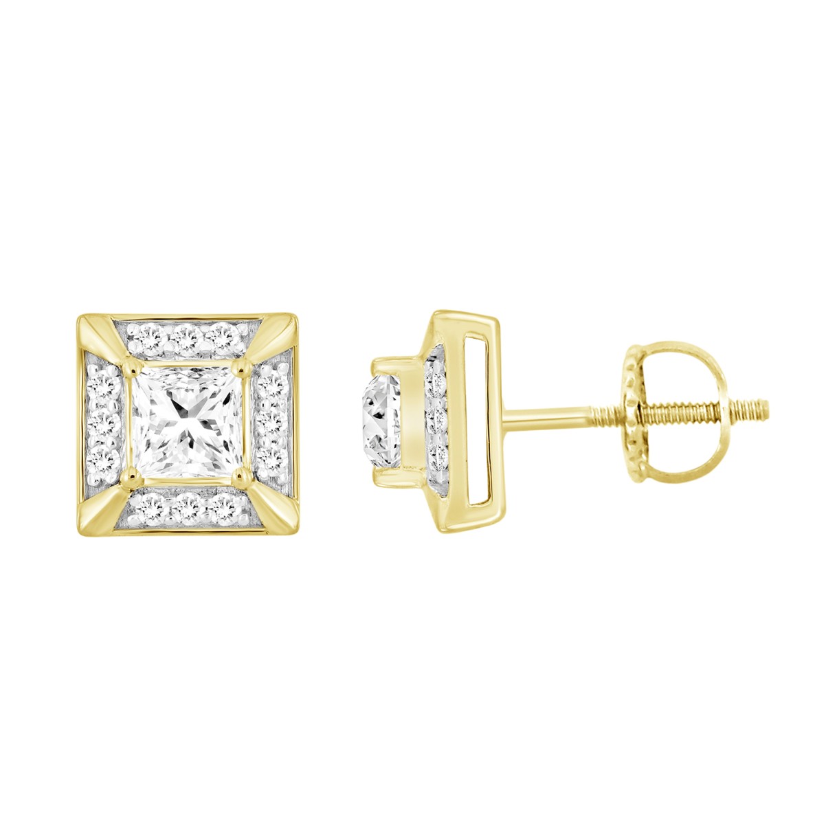 LADIES EARRINGS 1 1/4CT ROUND/PRINCESS DIAMOND 10K YELLOW GOLD