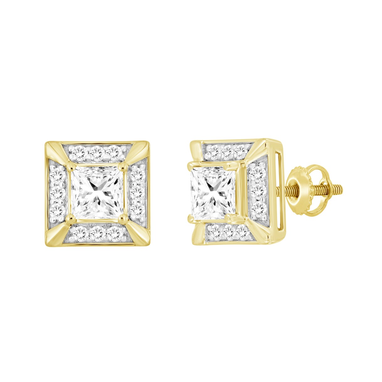 LADIES EARRINGS 1 1/4CT ROUND/PRINCESS DIAMOND 10K YELLOW GOLD