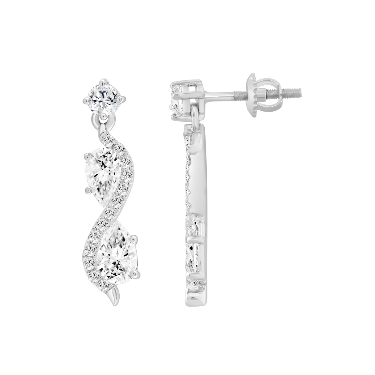 LADIES EARRINGS 1 1/2CT ROUND/PEAR DIAMOND 14K WHITE GOLD