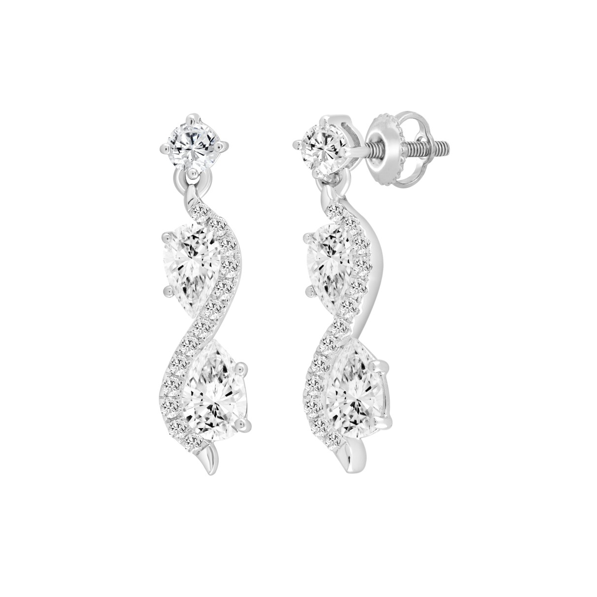 LADIES EARRINGS 1 1/2CT ROUND/PEAR DIAMOND 14K WHITE GOLD