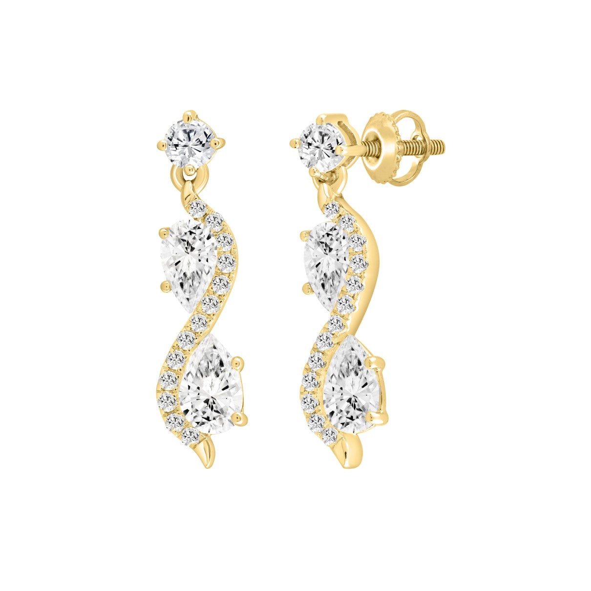 LADIES EARRINGS 1 1/2CT ROUND/PEAR DIAMOND 14K YELLOW GOLD