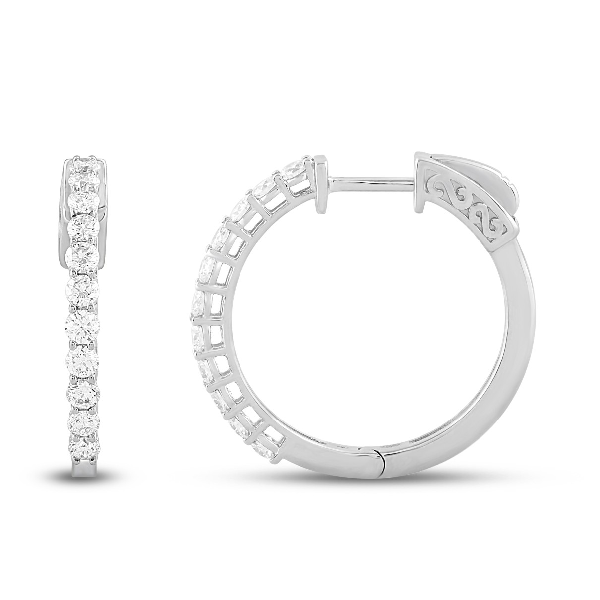 LADIES HOOP EARRINGS 1CT ROUND DIAMOND 14K WHITE GOLD