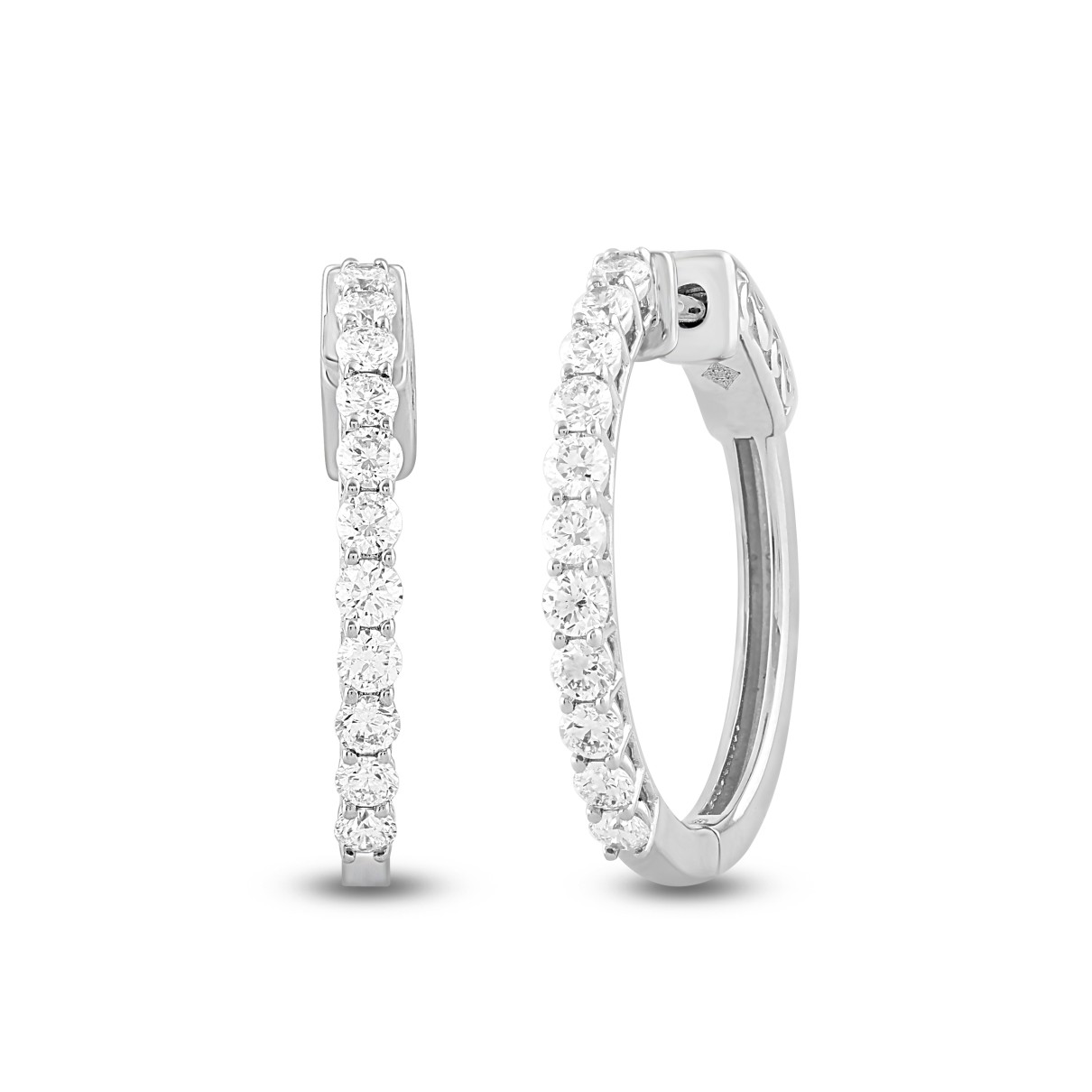 LADIES HOOP EARRINGS 1CT ROUND DIAMOND 14K WHITE GOLD