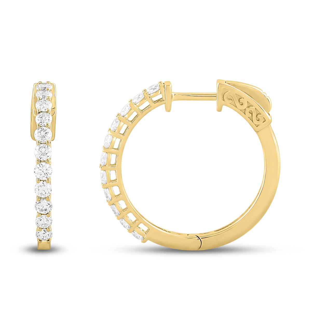 LADIES HOOP EARRINGS 1CT ROUND DIAMOND 14K YELLOW GOLD