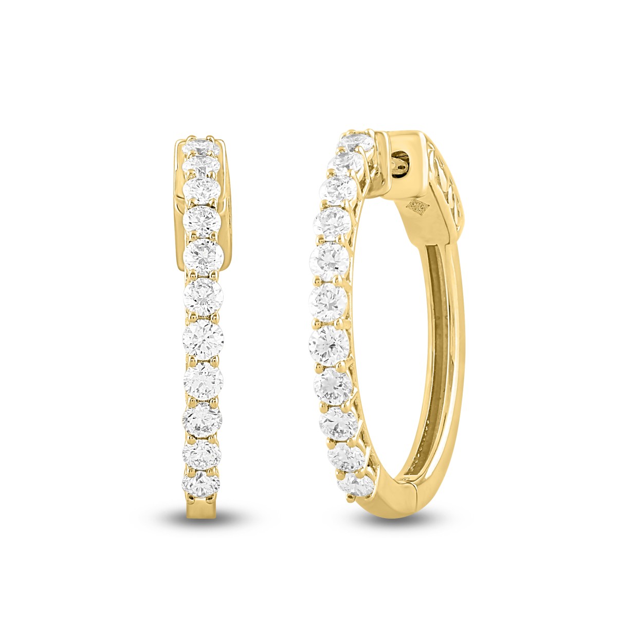 LADIES HOOP EARRINGS 1CT ROUND DIAMOND 14K YELLOW GOLD