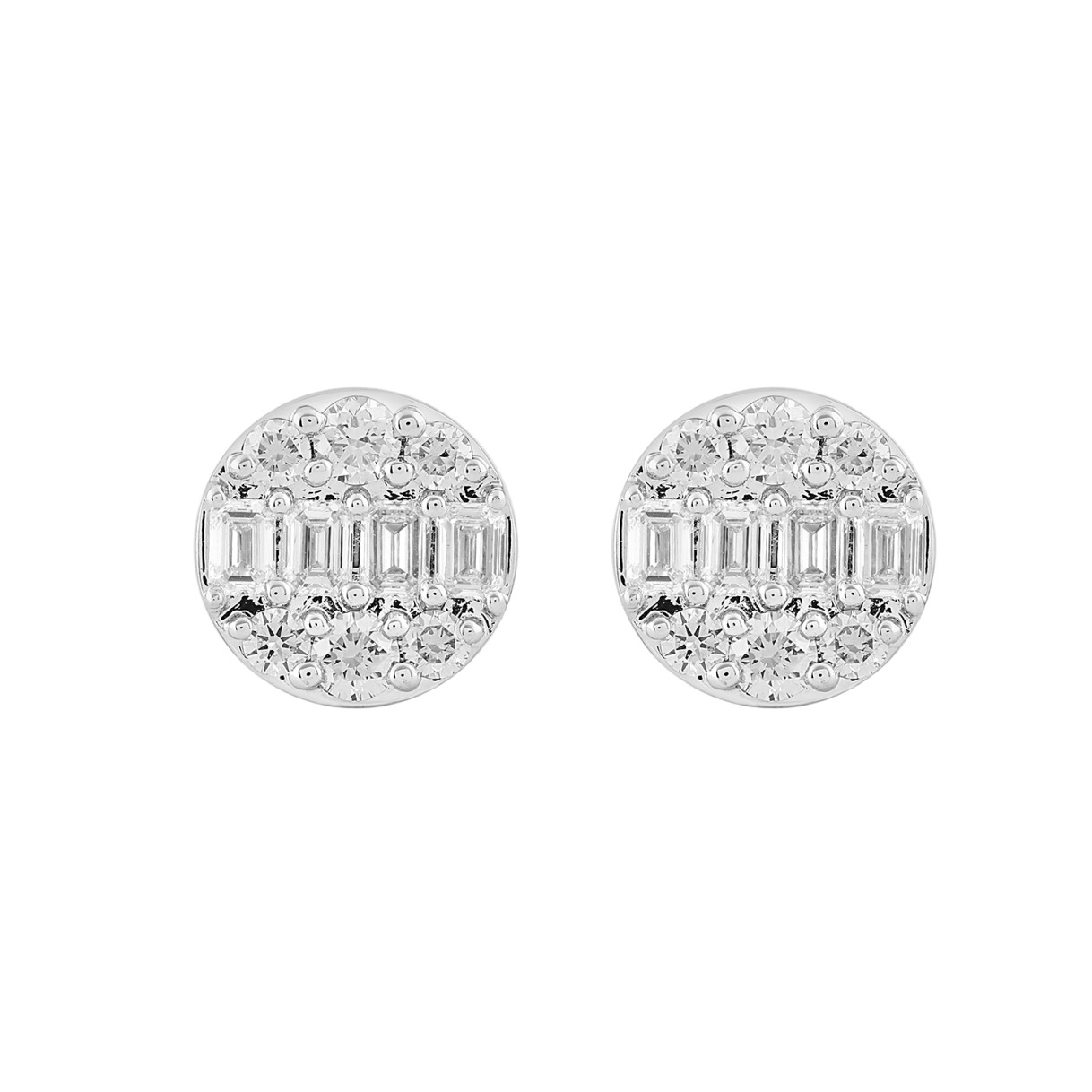 LADIES EARRINGS 1 1/2CTROUND/EMERALD DIAMOND 14K WHITE GOLD