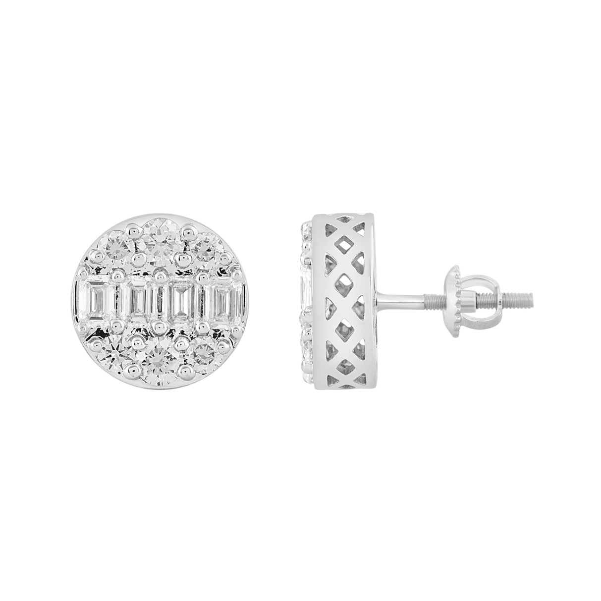 LADIES EARRINGS 1 1/2CTROUND/EMERALD DIAMOND 14K WHITE GOLD