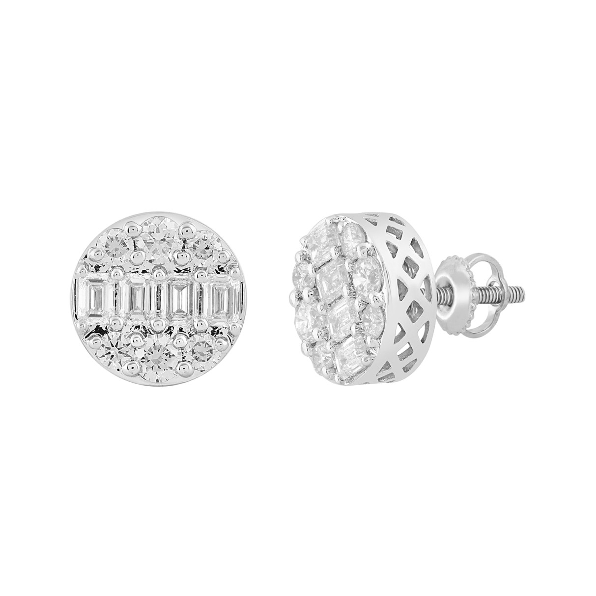 LADIES EARRINGS 1 1/2CTROUND/EMERALD DIAMOND 14K WHITE GOLD