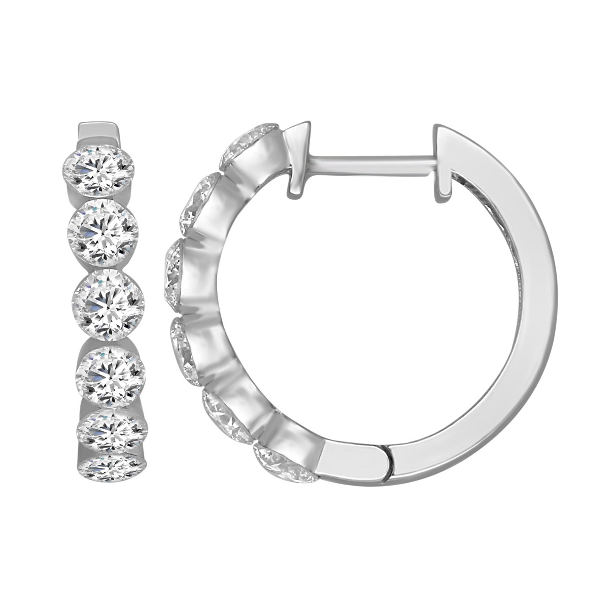 LADIES HOOP EARRINGS 1 3/4CT ROUND DIAMOND 14K WHITE GOLD