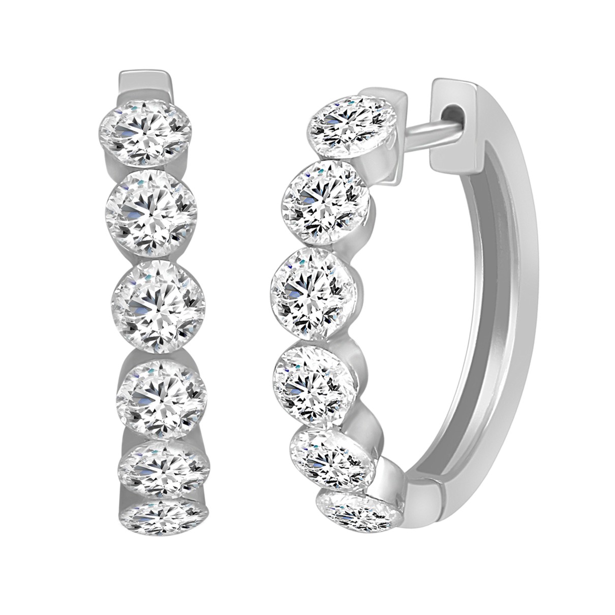 LADIES HOOP EARRINGS 1 3/4CT ROUND DIAMOND 14K WHITE GOLD