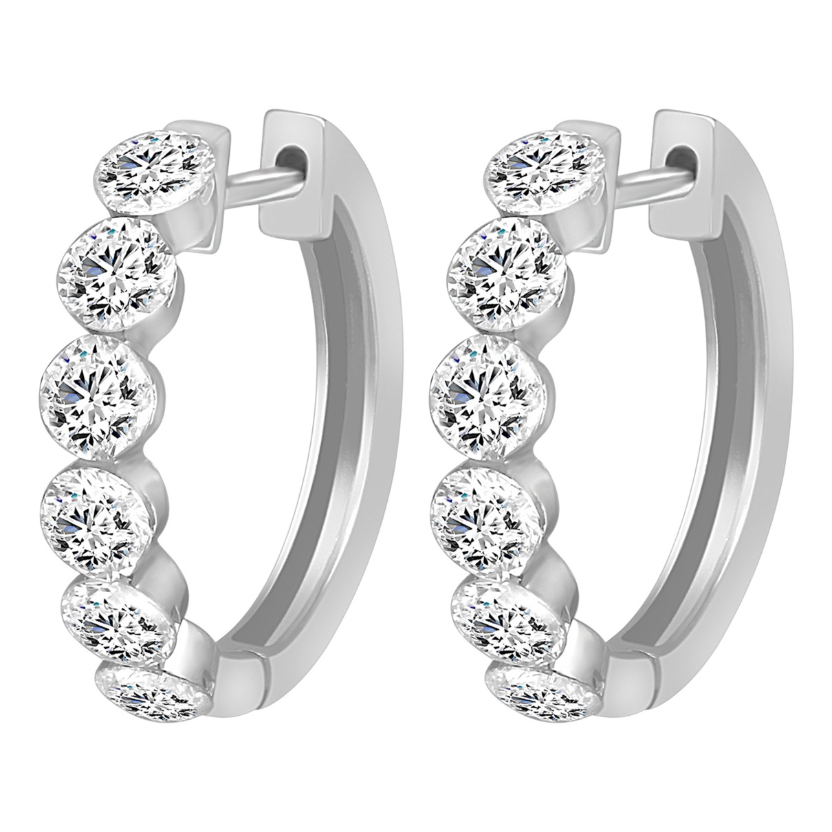 LADIES HOOP EARRINGS 1 3/4CT ROUND DIAMOND 14K WHITE GOLD