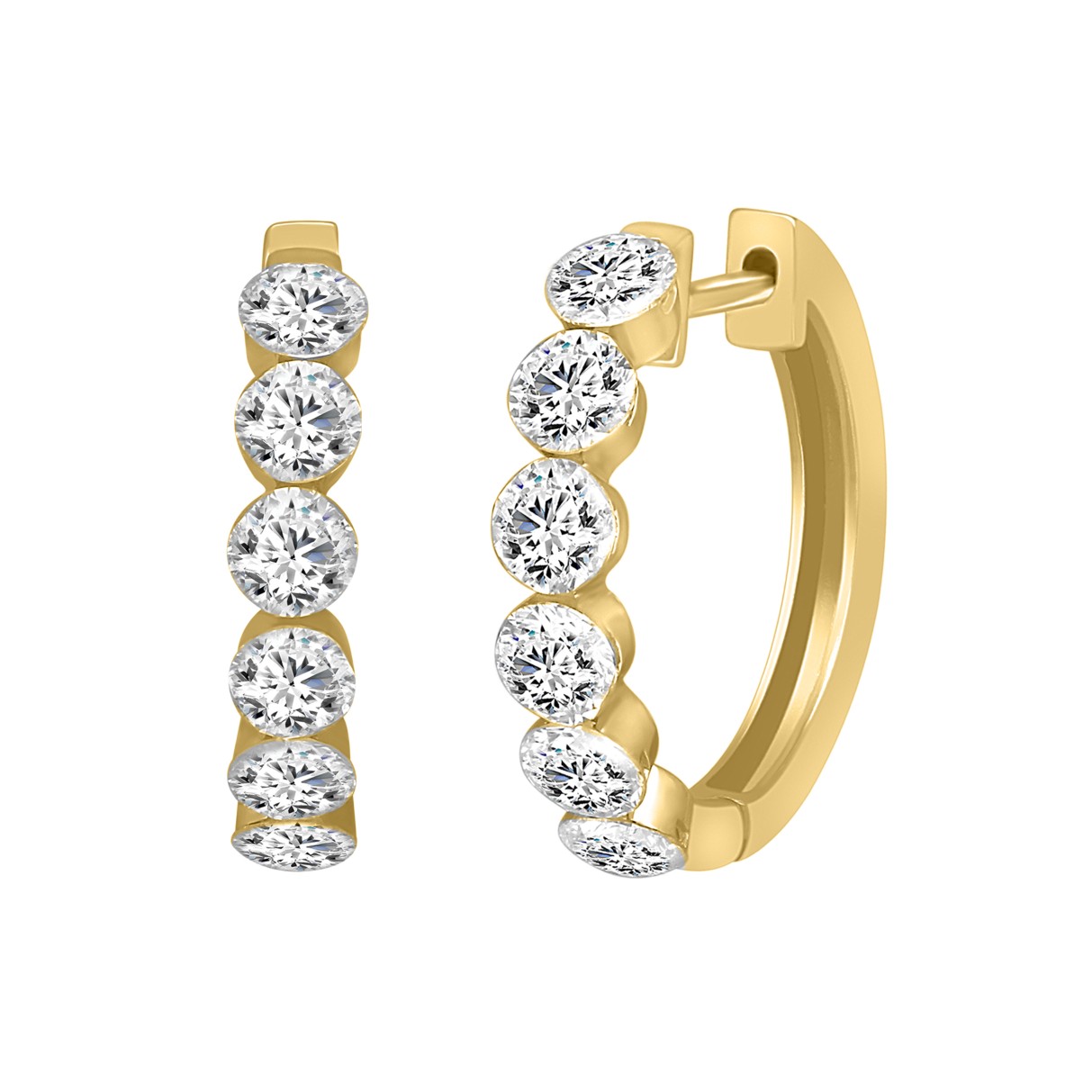 LADIES HOOP EARRINGS 1 3/4CT ROUND DIAMOND 14K YELLOW GOLD