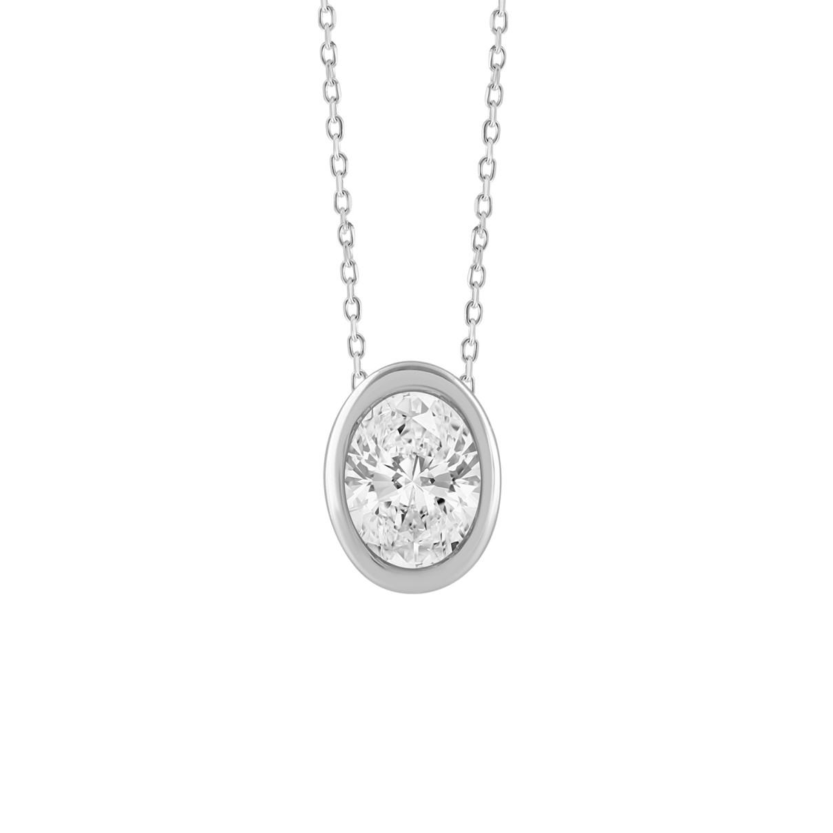 LADIES SOLITAIRE PENDANT 1CT OVAL DIAMOND 14K WHITE GOLD WITH CHAIN