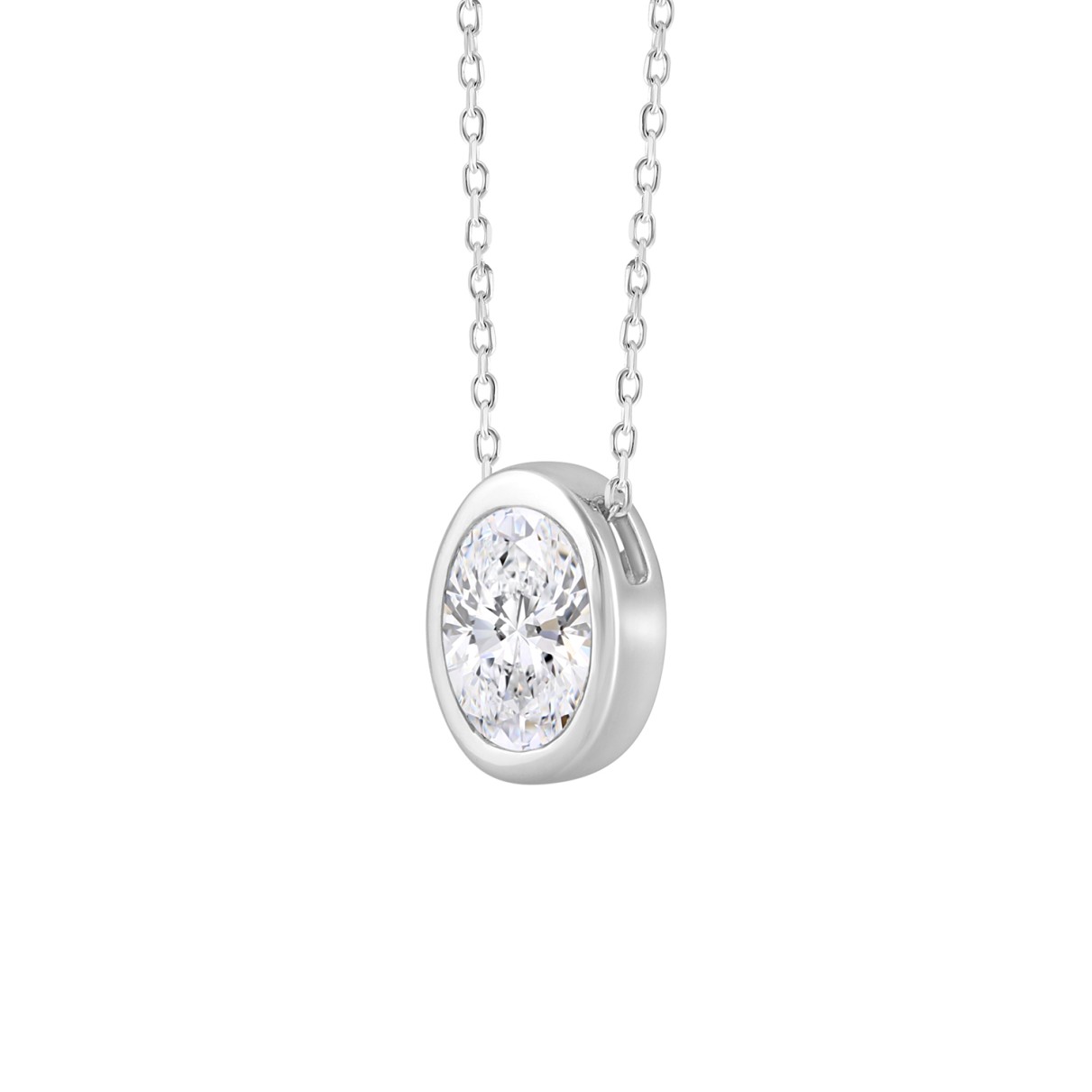 LADIES SOLITAIRE PENDANT 1CT OVAL DIAMOND 14K WHITE GOLD WITH CHAIN