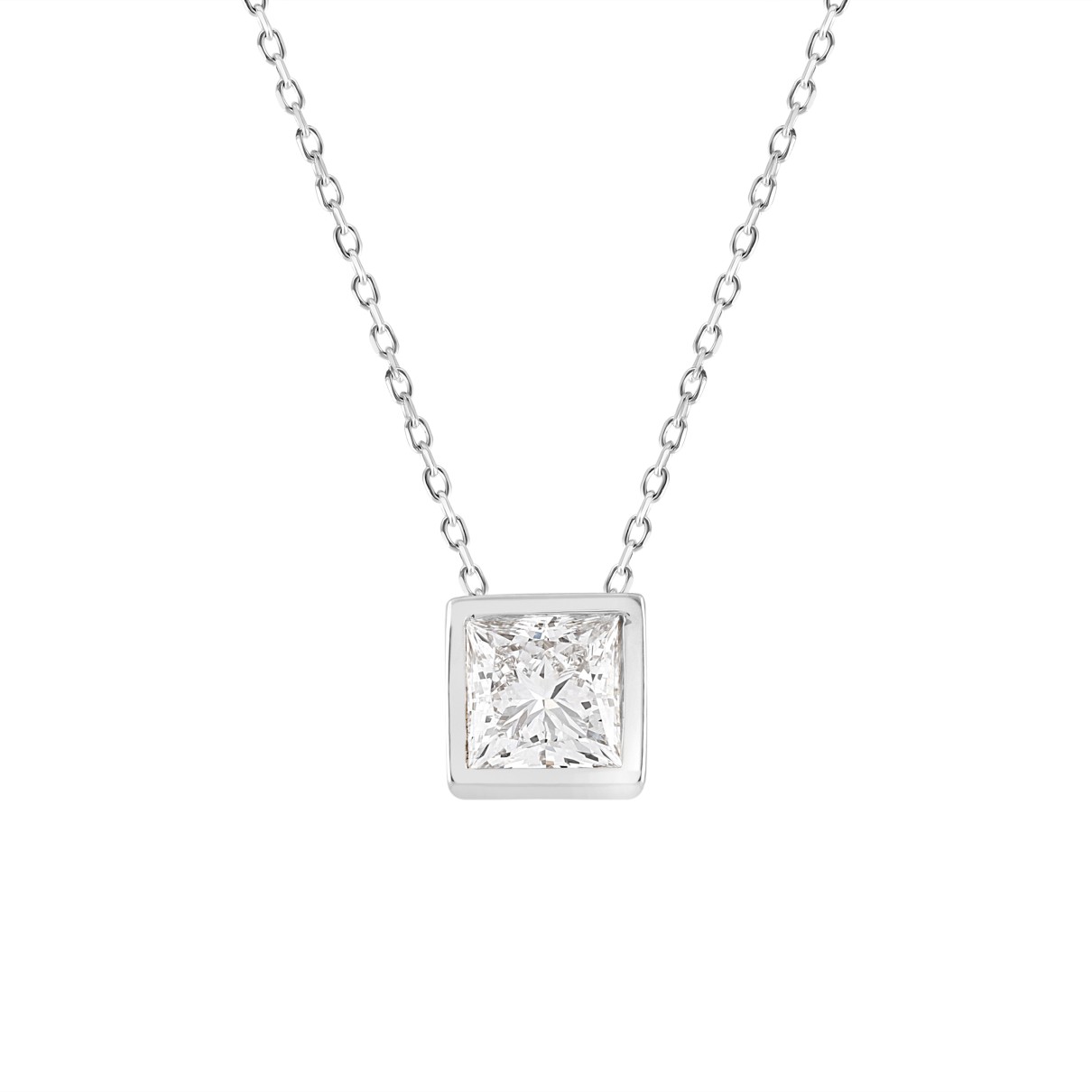 LADIES SOLITAIRE PENDANT 1CT PRINCESS DIAMOND 14K WHITE GOLD WITH CHAIN