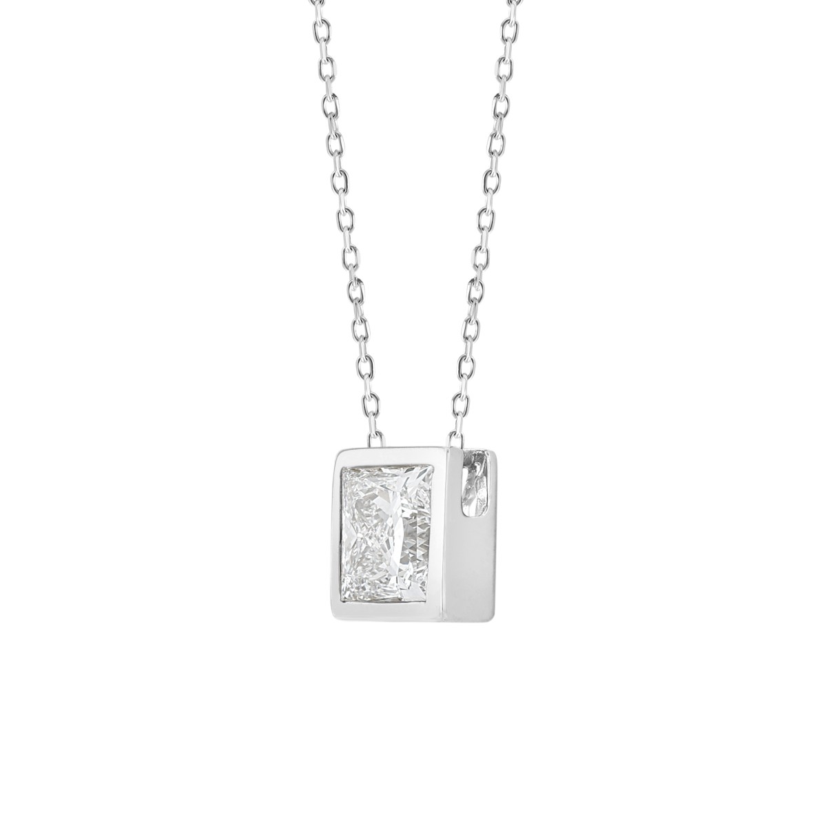 LADIES SOLITAIRE PENDANT 1CT PRINCESS DIAMOND 14K WHITE GOLD WITH CHAIN