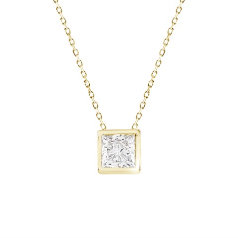 LADIES SOLITAIRE PENDANT 1CT PRINCESS DIAMOND 14K YELLOW GOLD WITH CHAIN