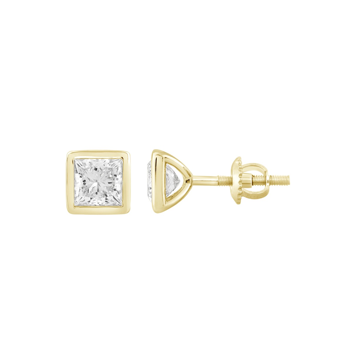 LADIES SOLITAIRE EARRINGS 1CT PRINCESS DIAMOND 14K YELLOW GOLD