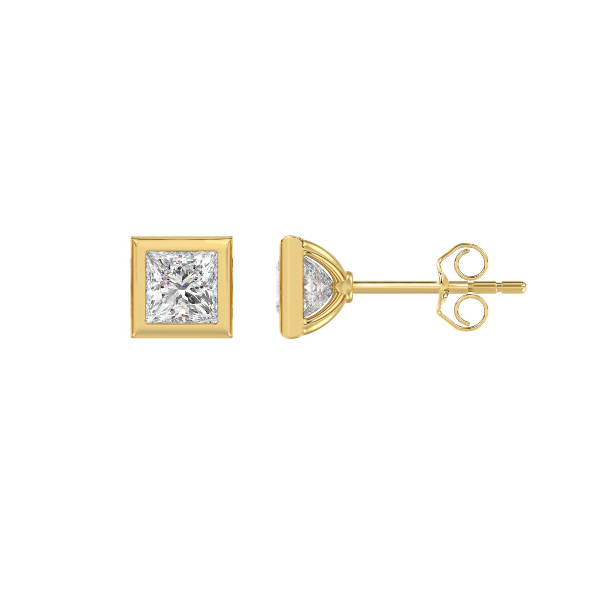 LADIES SOLITAIRE EARRINGS 1CT PRINCESS DIAMOND 14K YELLOW GOLD