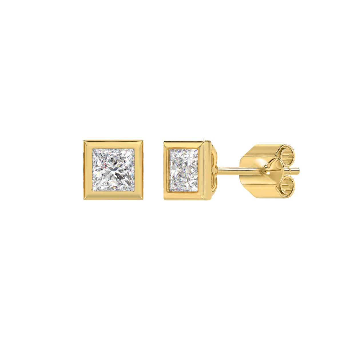 LADIES SOLITAIRE EARRINGS 1CT PRINCESS DIAMOND 14K YELLOW GOLD