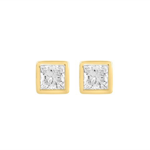 LADIES SOLITAIRE EARRINGS 2CT PRINCESS DIAMOND 14K YELLOW GOLD