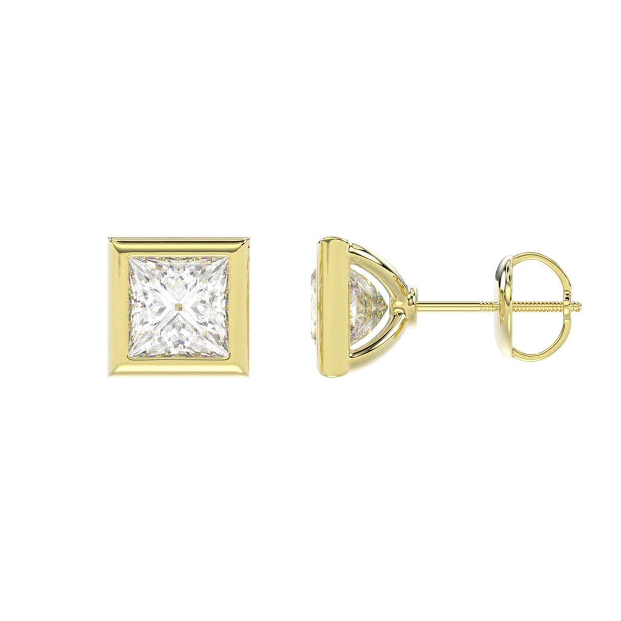 LADIES SOLITAIRE EARRINGS 2CT PRINCESS DIAMOND 14K YELLOW GOLD