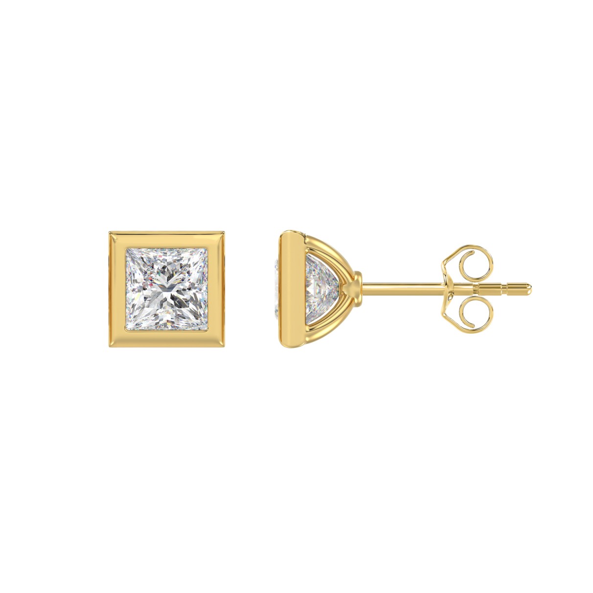 LADIES SOLITAIRE EARRINGS 2CT PRINCESS DIAMOND 14K YELLOW GOLD