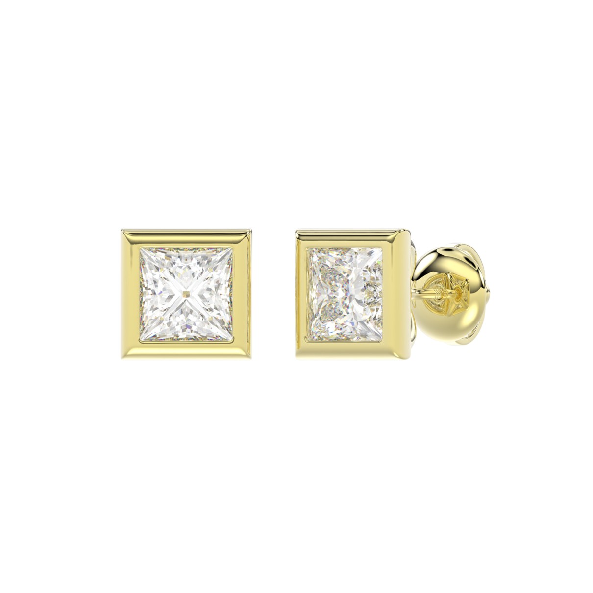 LADIES SOLITAIRE EARRINGS 2CT PRINCESS DIAMOND 14K YELLOW GOLD