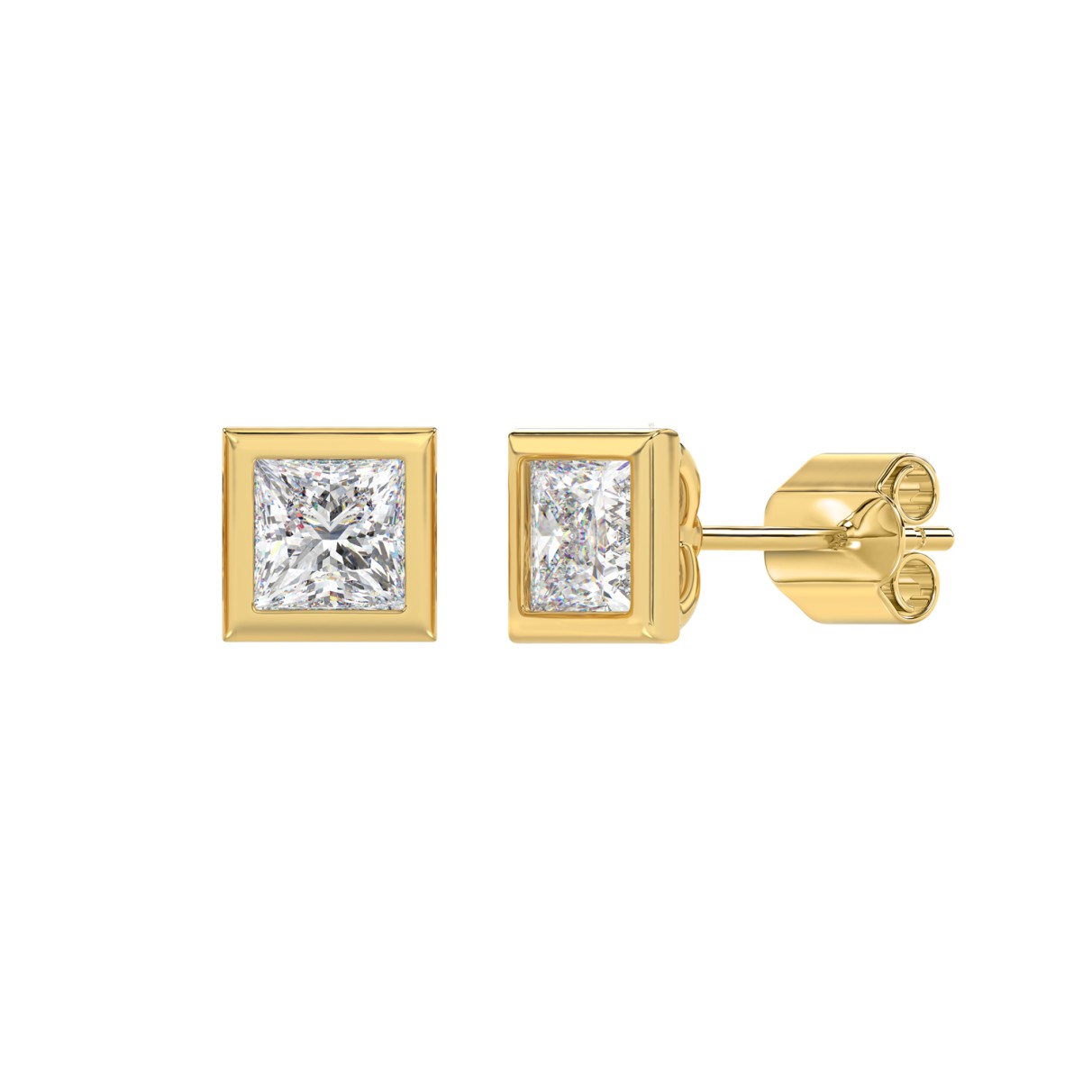 LADIES SOLITAIRE EARRINGS 2CT PRINCESS DIAMOND 14K YELLOW GOLD