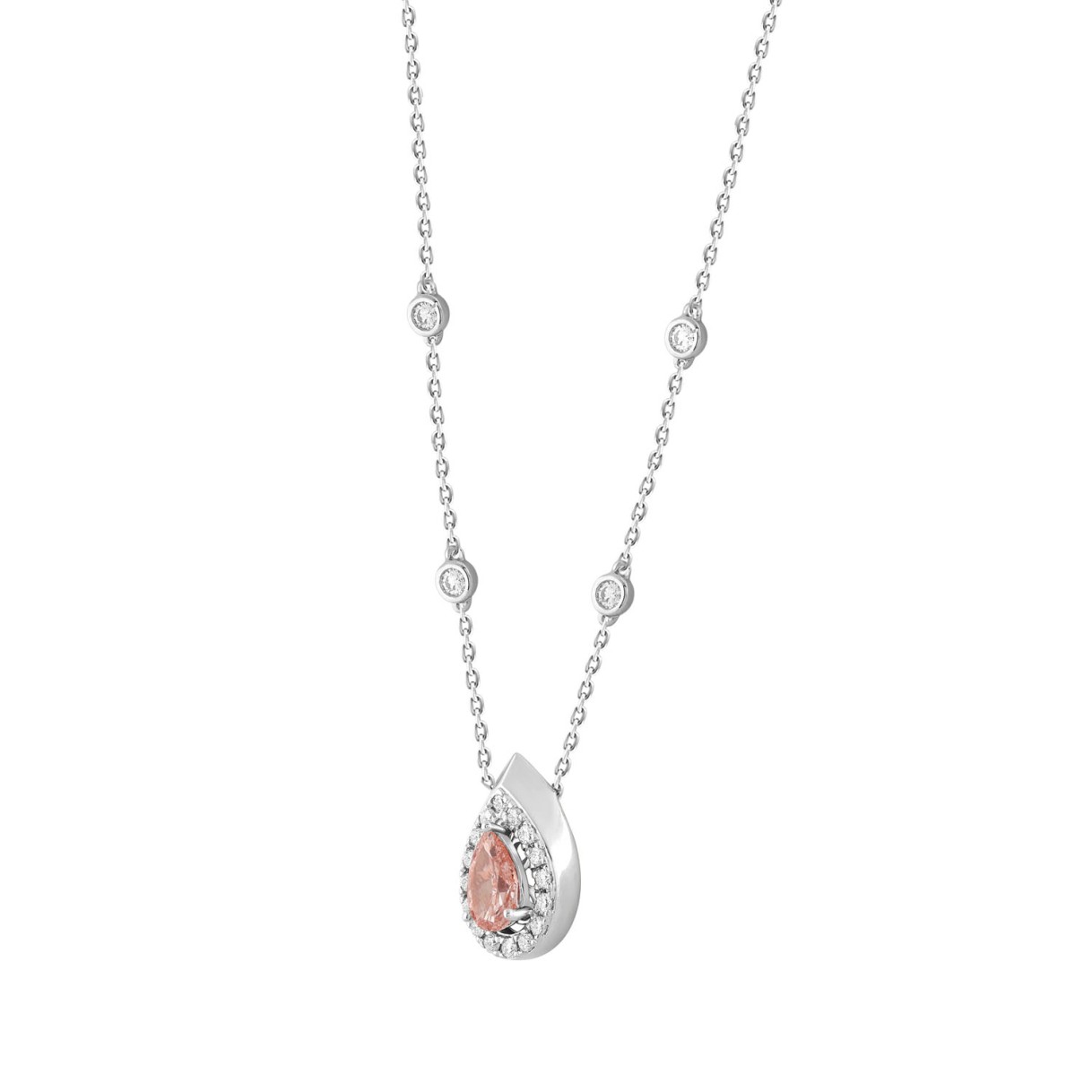 ETERNAL BLUSH COLLECTION LADIES NECKLACE 3/4CT ROUND/PEAR DIAMOND 14K WHITE GOLD (CENTER STONE PINK PEAR DIAMOND 1/2CT)