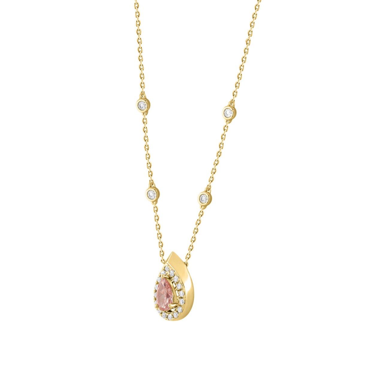 ETERNAL BLUSH COLLECTION LADIES NECKLACE 3/4CT ROUND/PEAR DIAMOND 14K YELLOW GOLD (CENTER STONE PINK PEAR DIAMOND 1/2CT)