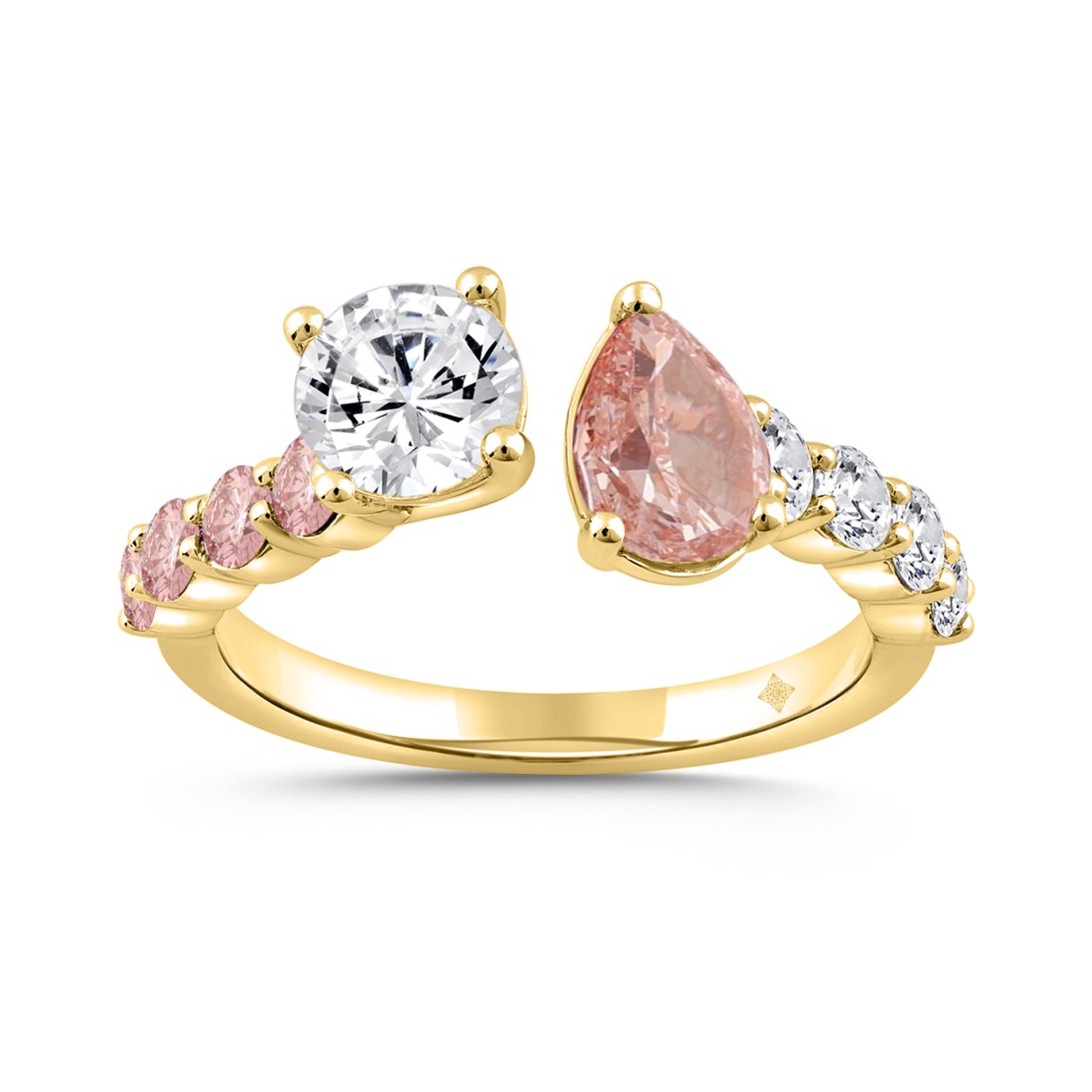 ETERNAL BLUSH COLLECTION LADIES RING 2 1/4CT ROUND/PEAR DIAMOND 14 K YELLOW GOLD (CENTER STONE PINK ROUND/PEAR DIAMOND 3/4CT 3/4CT)