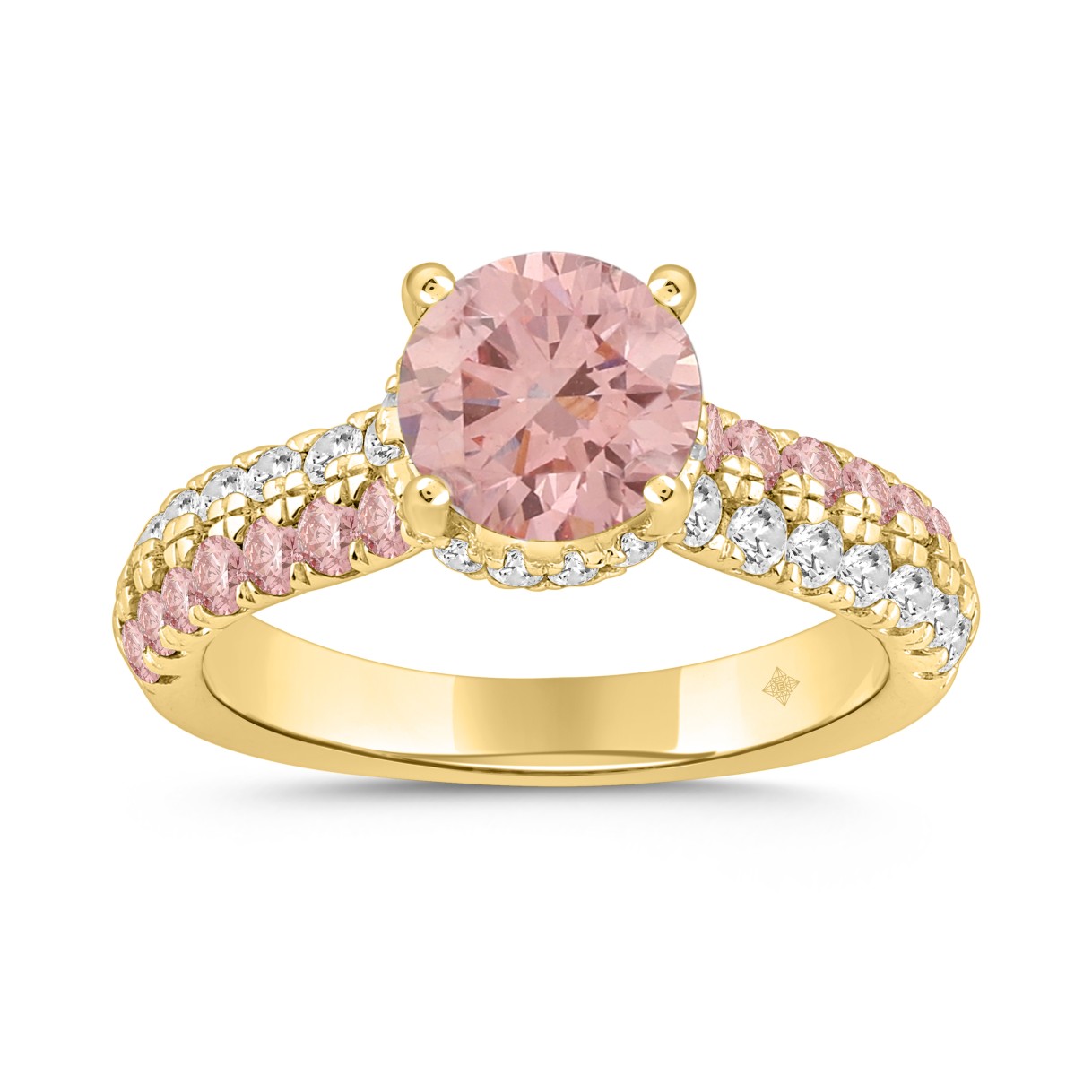 ETERNAL BLUSH COLLECTION LADIES RING 2 1/2CT ROUND DIAMOND 14K YELLOW GOLD (CENTER STONE PINK ROUND DIAMOND 1 1/2CT)
