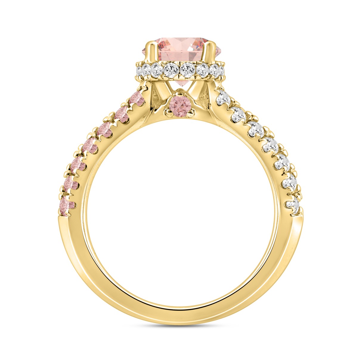 ETERNAL BLUSH COLLECTION LADIES RING 2 1/2CT ROUND DIAMOND 14K YELLOW GOLD (CENTER STONE PINK ROUND DIAMOND 1 1/2CT)