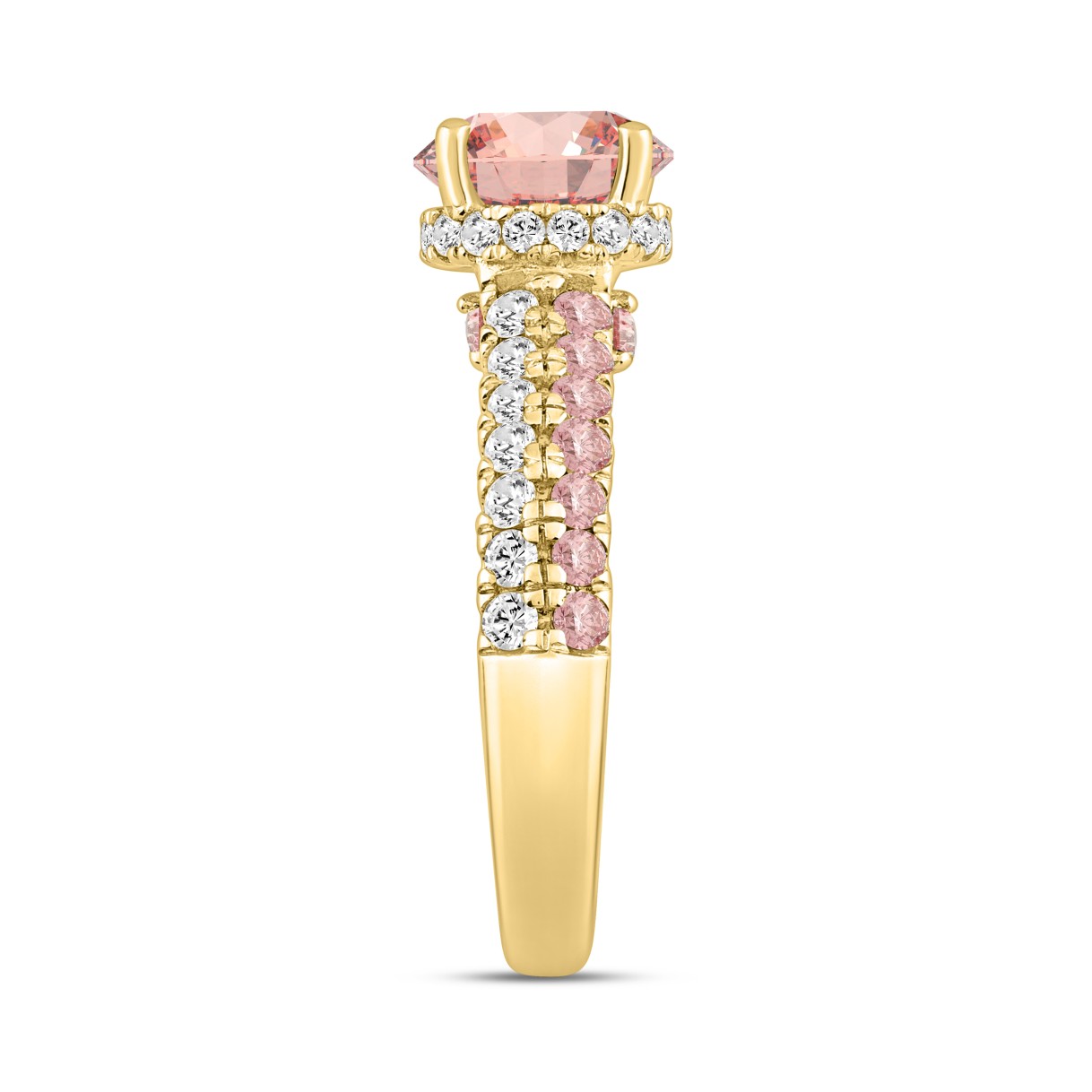 ETERNAL BLUSH COLLECTION LADIES RING 2 1/2CT ROUND DIAMOND 14K YELLOW GOLD (CENTER STONE PINK ROUND DIAMOND 1 1/2CT)