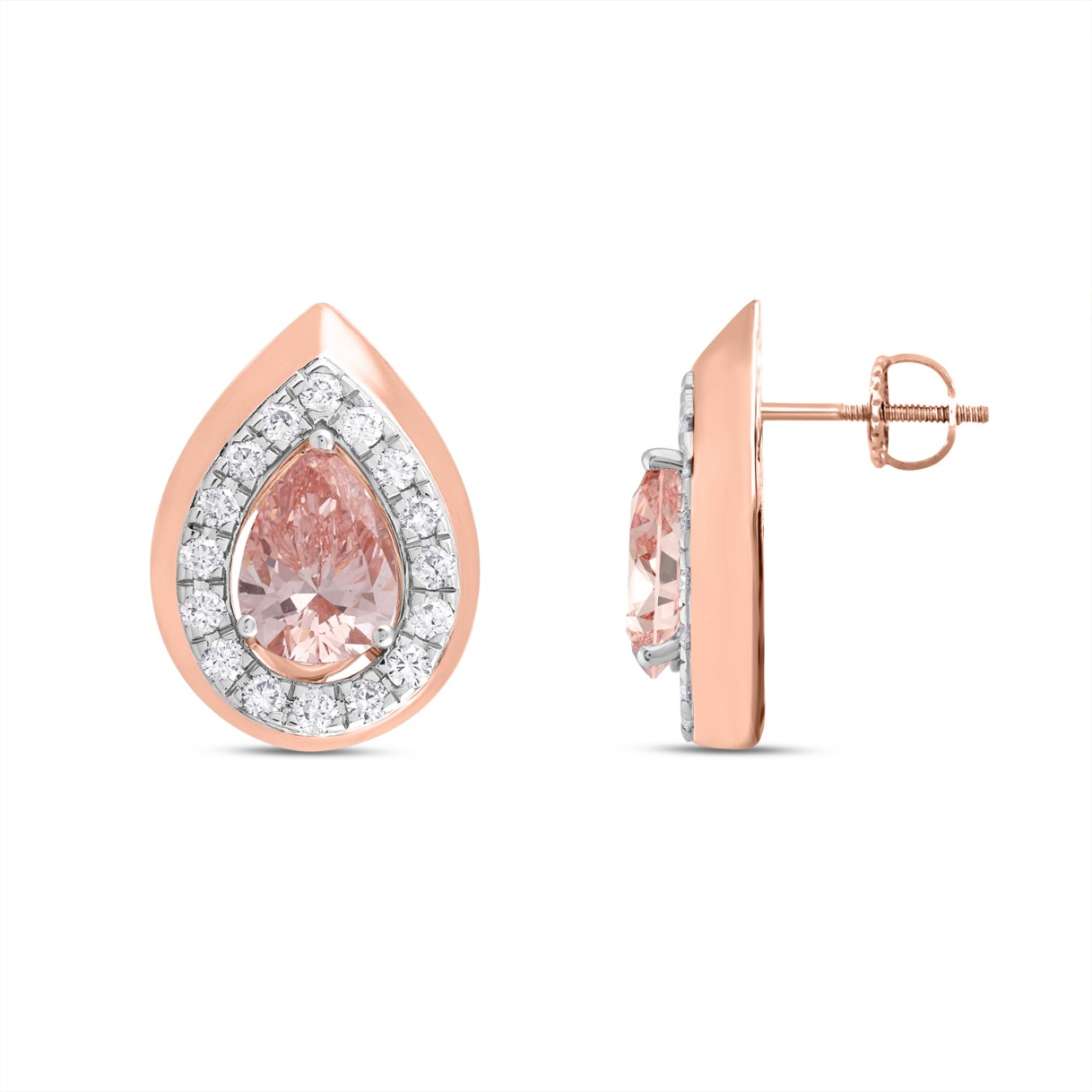 ETERNAL BLUSH COLLECTION LADIES EARRINGS 1 1/3CT ROUND/PEAR DIAMOND 14K ROSE GOLD (CENTER STONE PINK PEAR DIAMOND 1CT)