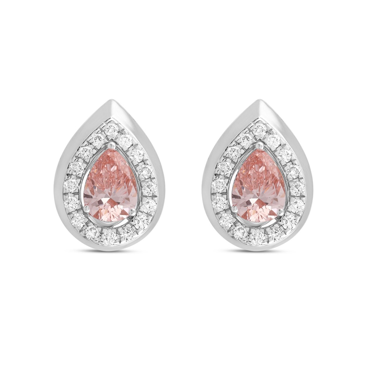 ETERNAL BLUSH COLLECTION LADIES EARRINGS 1 1/3CT ROUND/PEAR DIAMOND 14K WHITE GOLD (CENTER STONE PINK PEAR DIAMOND 1CT)