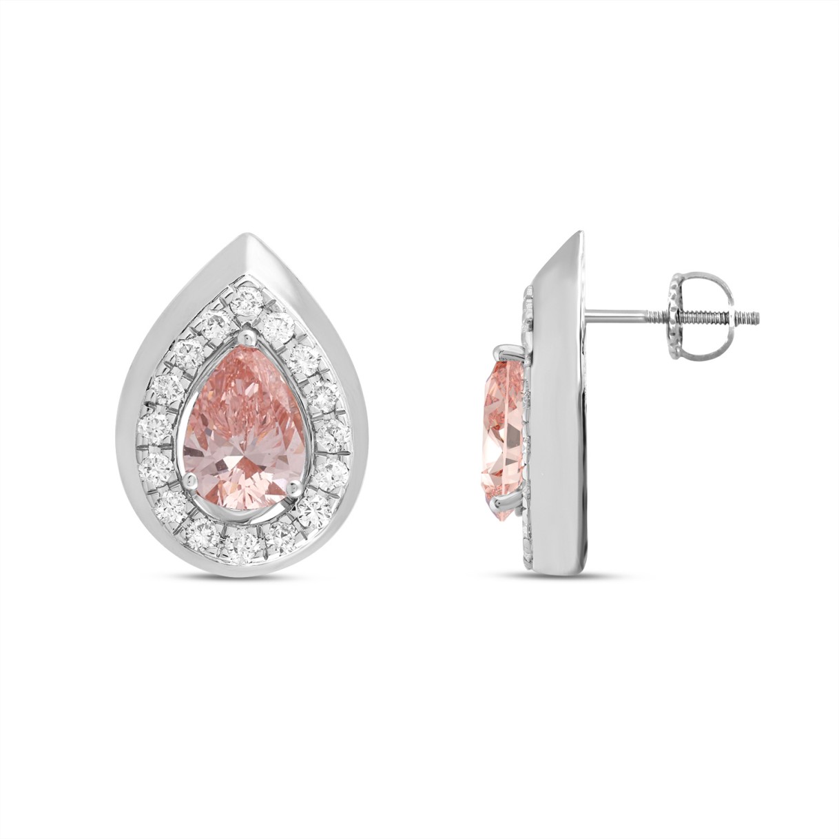 ETERNAL BLUSH COLLECTION LADIES EARRINGS 1 1/3CT ROUND/PEAR DIAMOND 14K WHITE GOLD (CENTER STONE PINK PEAR DIAMOND 1CT)