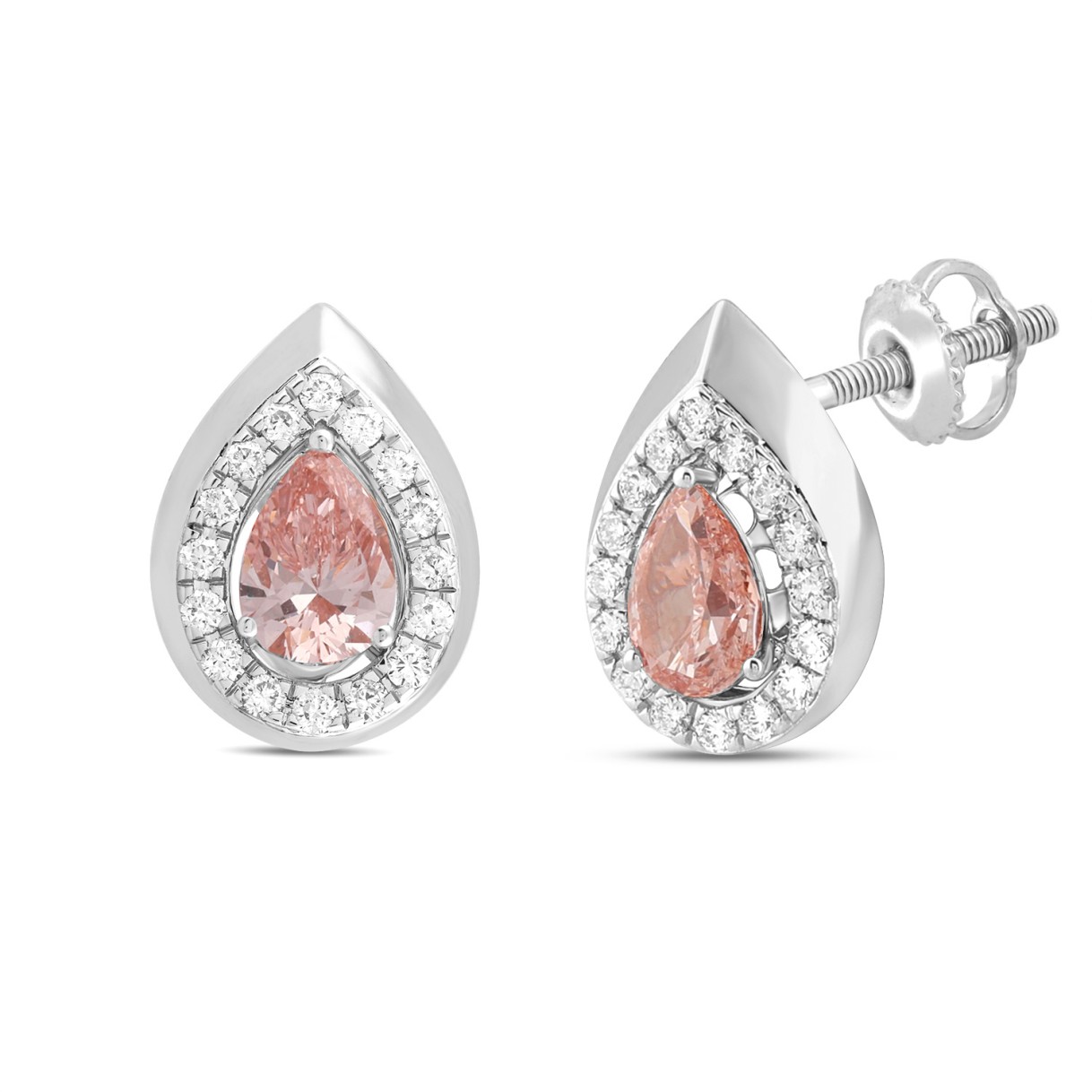 ETERNAL BLUSH COLLECTION LADIES EARRINGS 1 1/3CT ROUND/PEAR DIAMOND 14K WHITE GOLD (CENTER STONE PINK PEAR DIAMOND 1CT)