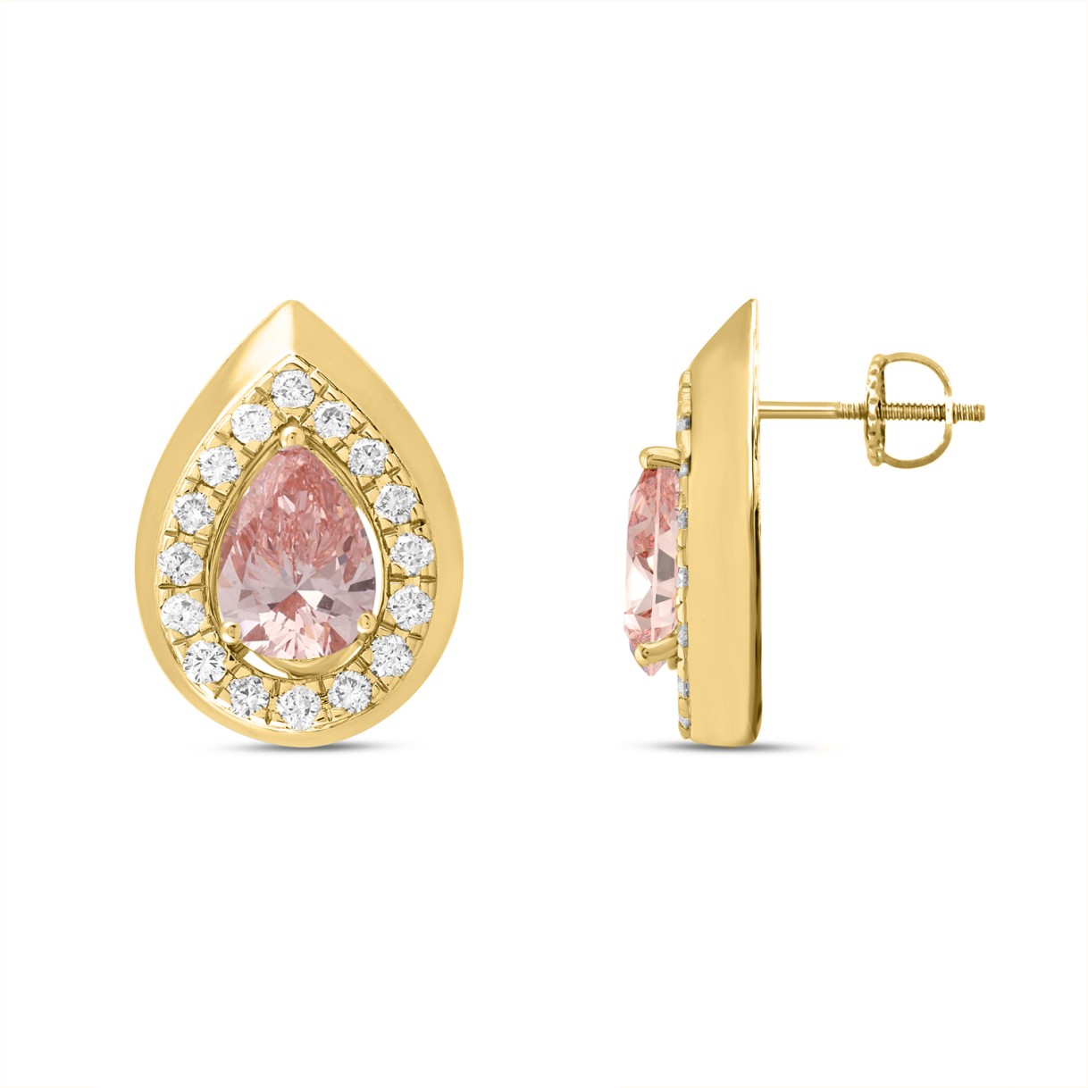 ETERNAL BLUSH COLLECTION LADIES EARRINGS 1 1/3CT ROUND/PEAR DIAMOND 14K YELLOW GOLD (CENTER STONE PINK PEAR DIAMOND 1CT)