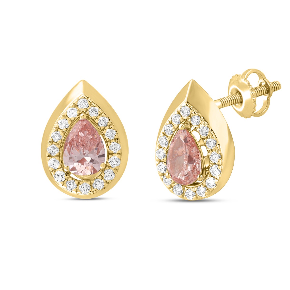 ETERNAL BLUSH COLLECTION LADIES EARRINGS 1 1/3CT ROUND/PEAR DIAMOND 14K YELLOW GOLD (CENTER STONE PINK PEAR DIAMOND 1CT)
