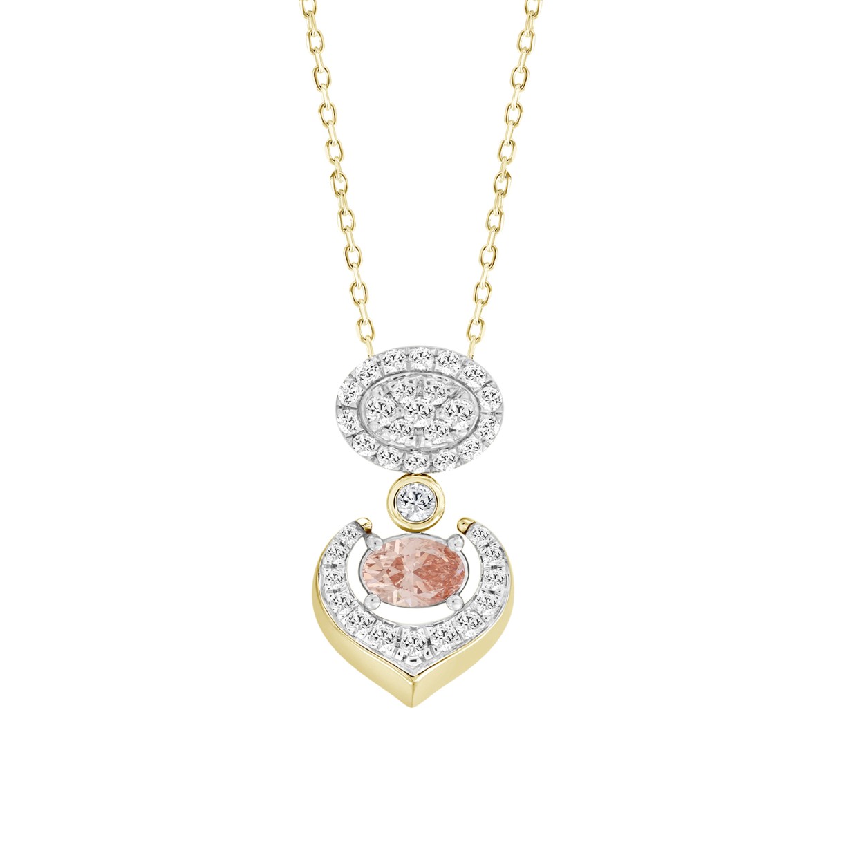 ETERNAL BLUSH COLLECTION LADIES PENDANT 1CT ROUND/OVAL DIAMOND 14K YELLOW GOLD WITH CHAIN (CENTER STONE PINK OVAL DIAMOND 1/2CT)