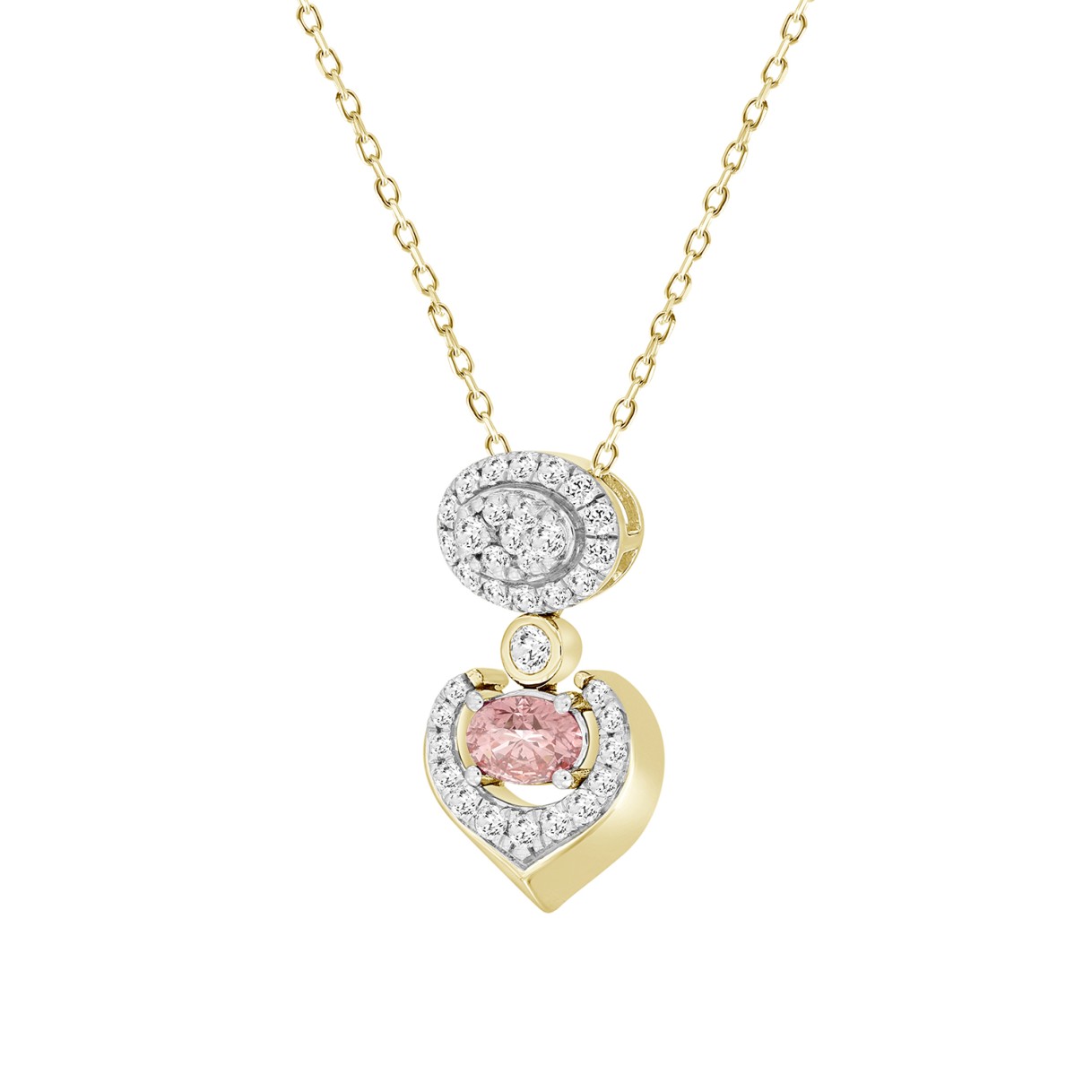 ETERNAL BLUSH COLLECTION LADIES PENDANT 1CT ROUND/OVAL DIAMOND 14K YELLOW GOLD WITH CHAIN (CENTER STONE PINK OVAL DIAMOND 1/2CT)