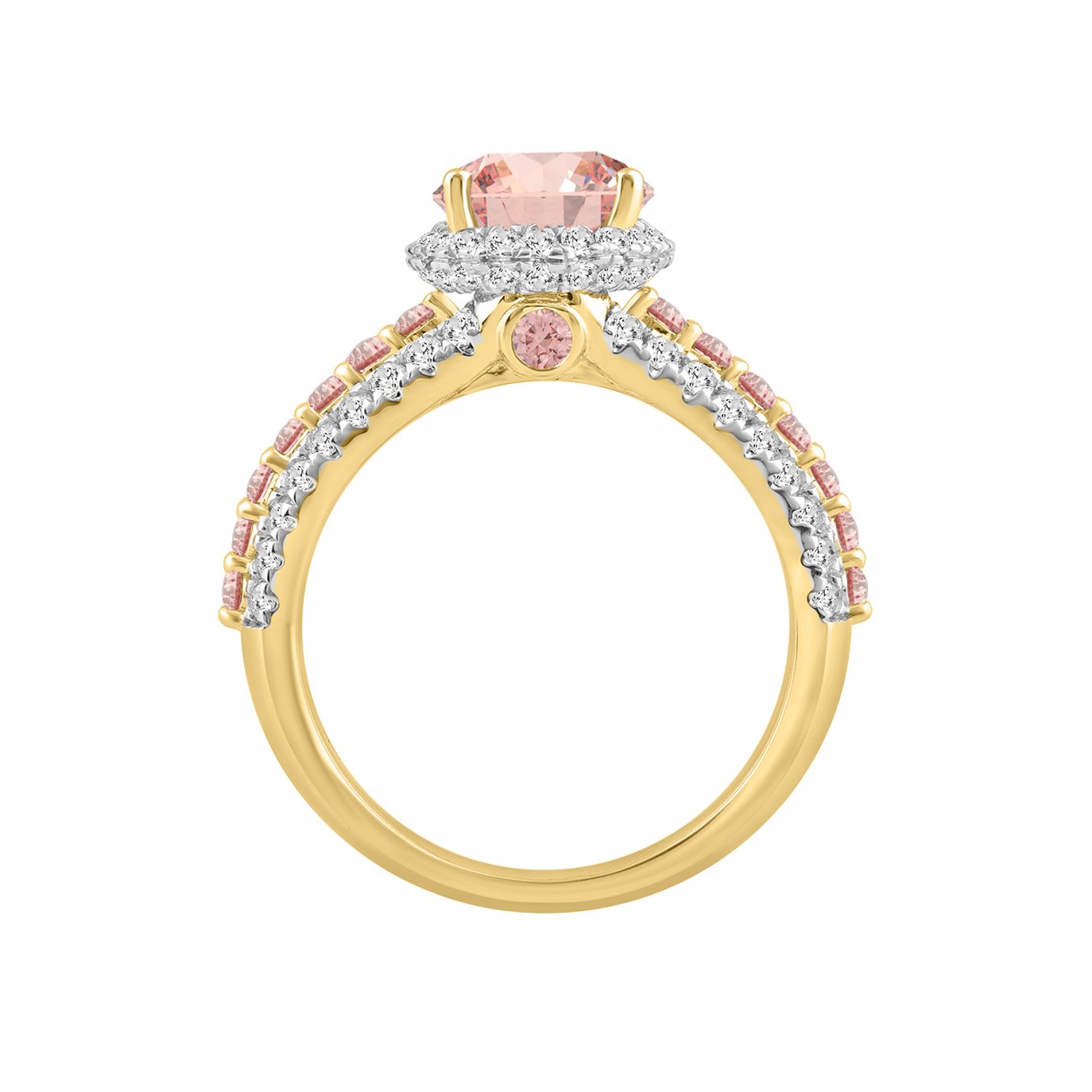 ETERNAL BLUSH COLLECTION LADIES RING 3 1/4CT ROUND/PEAR DIAMOND 14K YELLOW GOLD (CENTER STONE PINK PEAR DIAMOND 2CT)