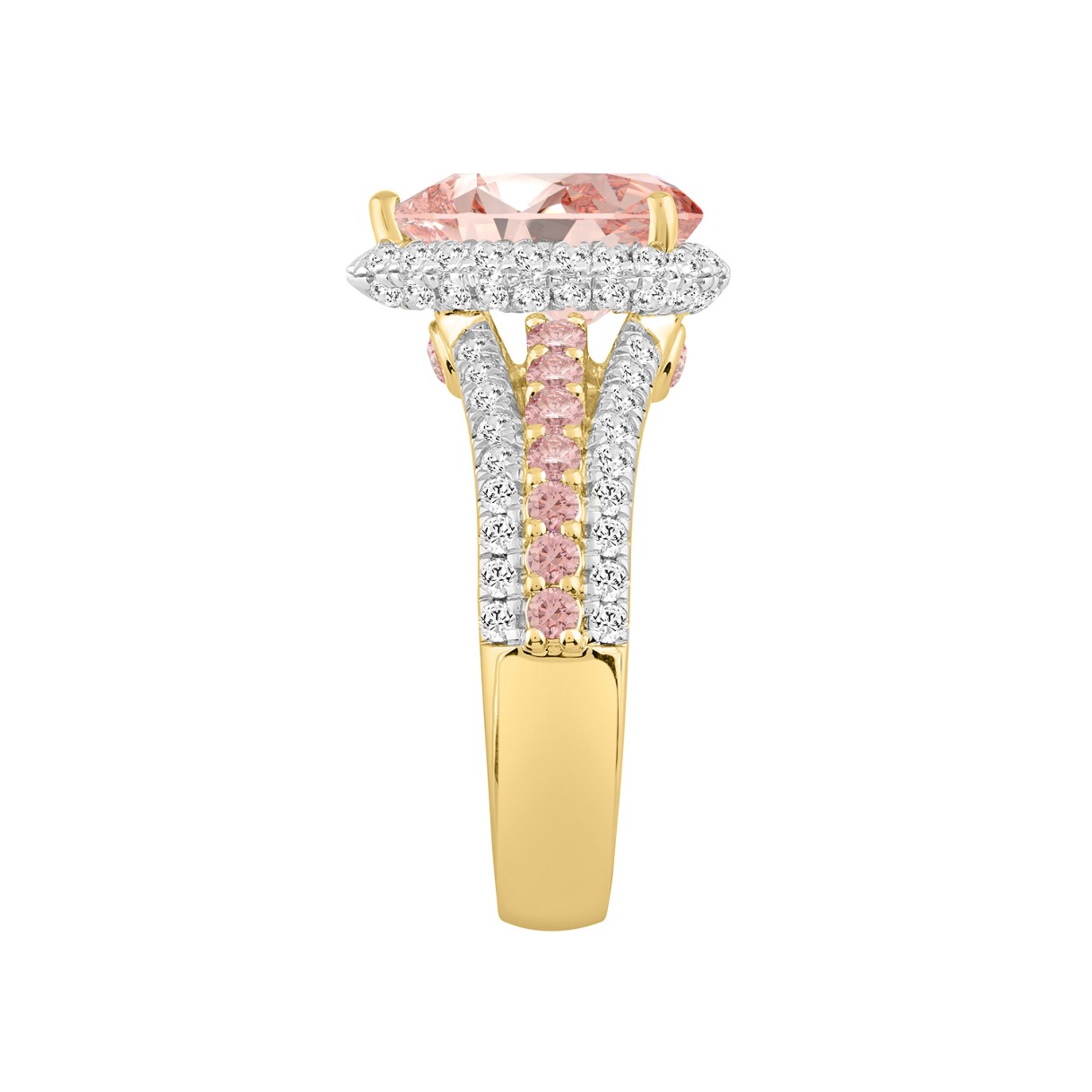 ETERNAL BLUSH COLLECTION LADIES RING 3 1/4CT ROUND/PEAR DIAMOND 14K YELLOW GOLD (CENTER STONE PINK PEAR DIAMOND 2CT)