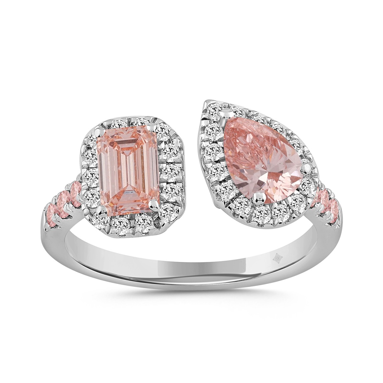 ETERNAL BLUSH COLLECTION LADIES RING 1 1/2CT ROUND/EMERALD/PEAR DIAMOND 14K WHITE GOLD (CENTER STONE PINK EMERALD DIAMOND 1/2CT/CENTER STONE PINK PEAR 1/2CT)