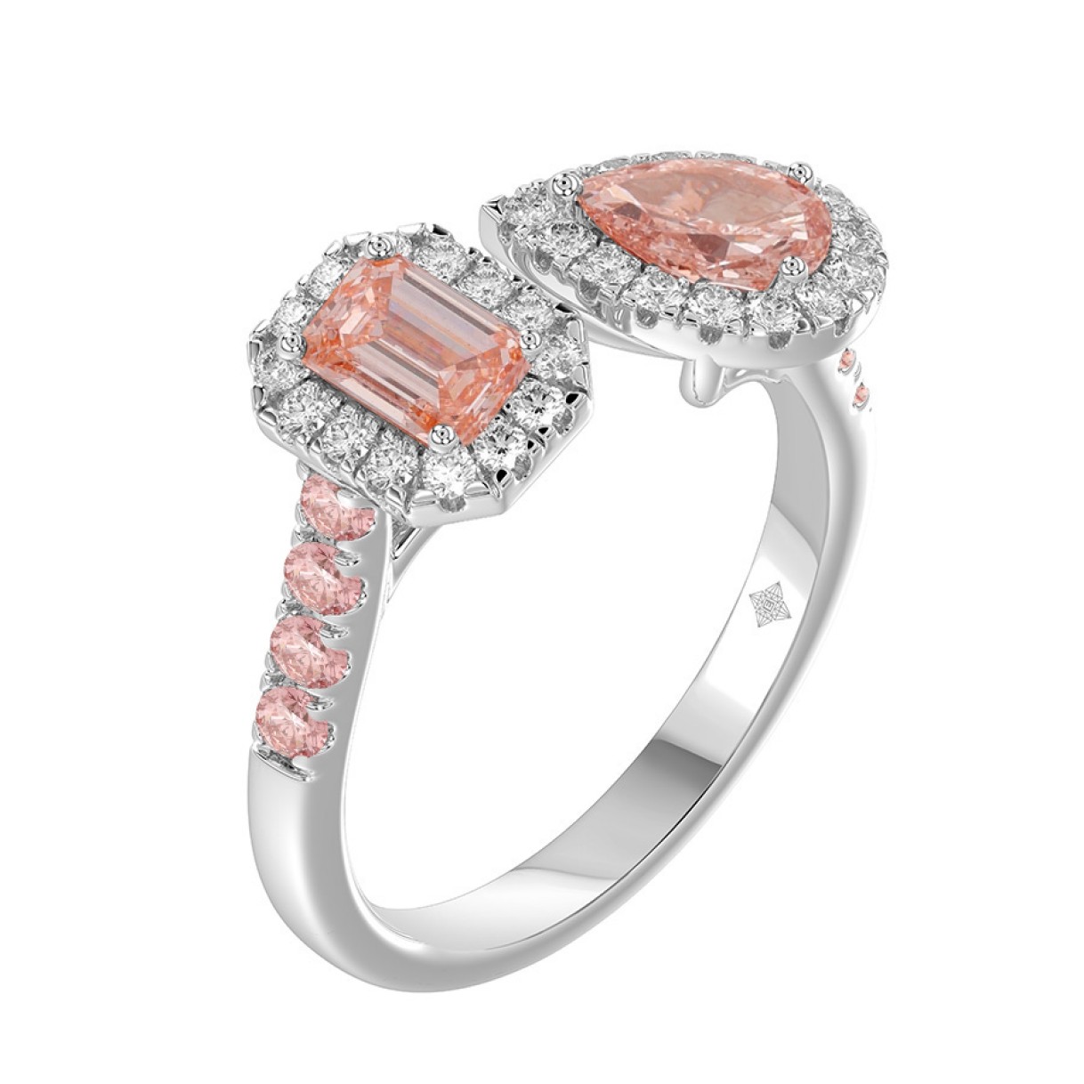ETERNAL BLUSH COLLECTION LADIES RING 1 1/2CT ROUND/EMERALD/PEAR DIAMOND 14K WHITE GOLD (CENTER STONE PINK EMERALD DIAMOND 1/2CT/CENTER STONE PINK PEAR 1/2CT)
