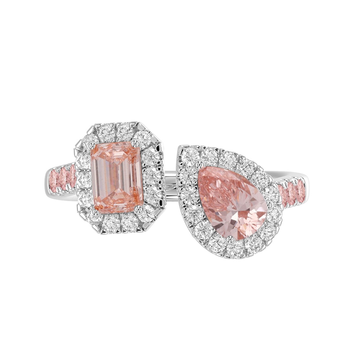 ETERNAL BLUSH COLLECTION LADIES RING 1 1/2CT ROUND/EMERALD/PEAR DIAMOND 14K WHITE GOLD (CENTER STONE PINK EMERALD DIAMOND 1/2CT/CENTER STONE PINK PEAR 1/2CT)